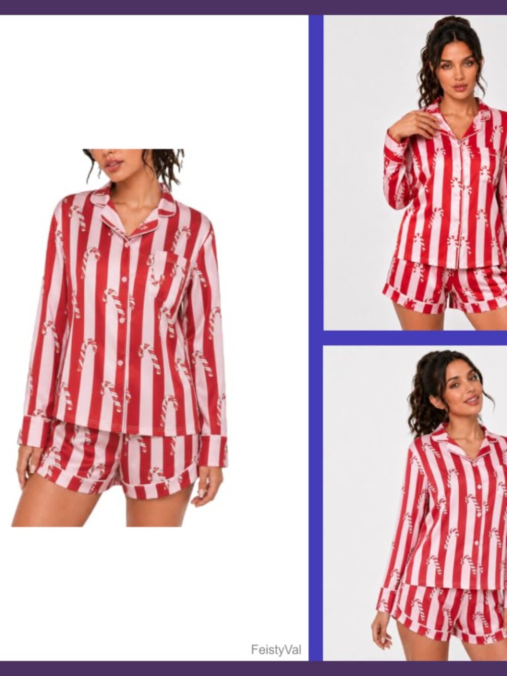 Women's Christmas Pajama Set Long Sleeve Candy Cane Print Shorts Sleepwear
